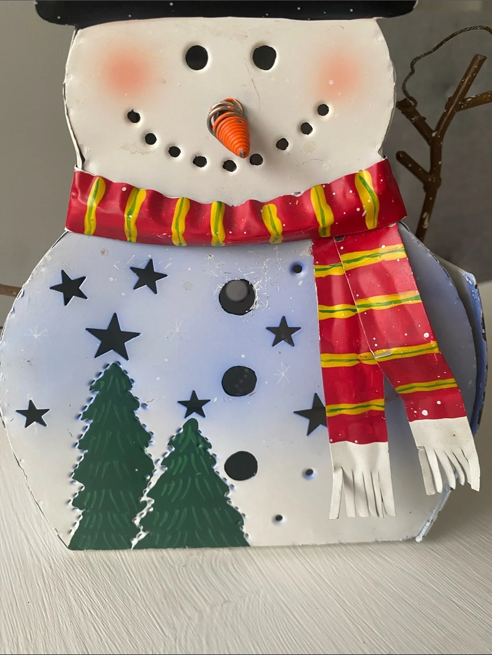Hand-Painted Metal Snowman Holiday Lantern with Red Scarf Candle Holder